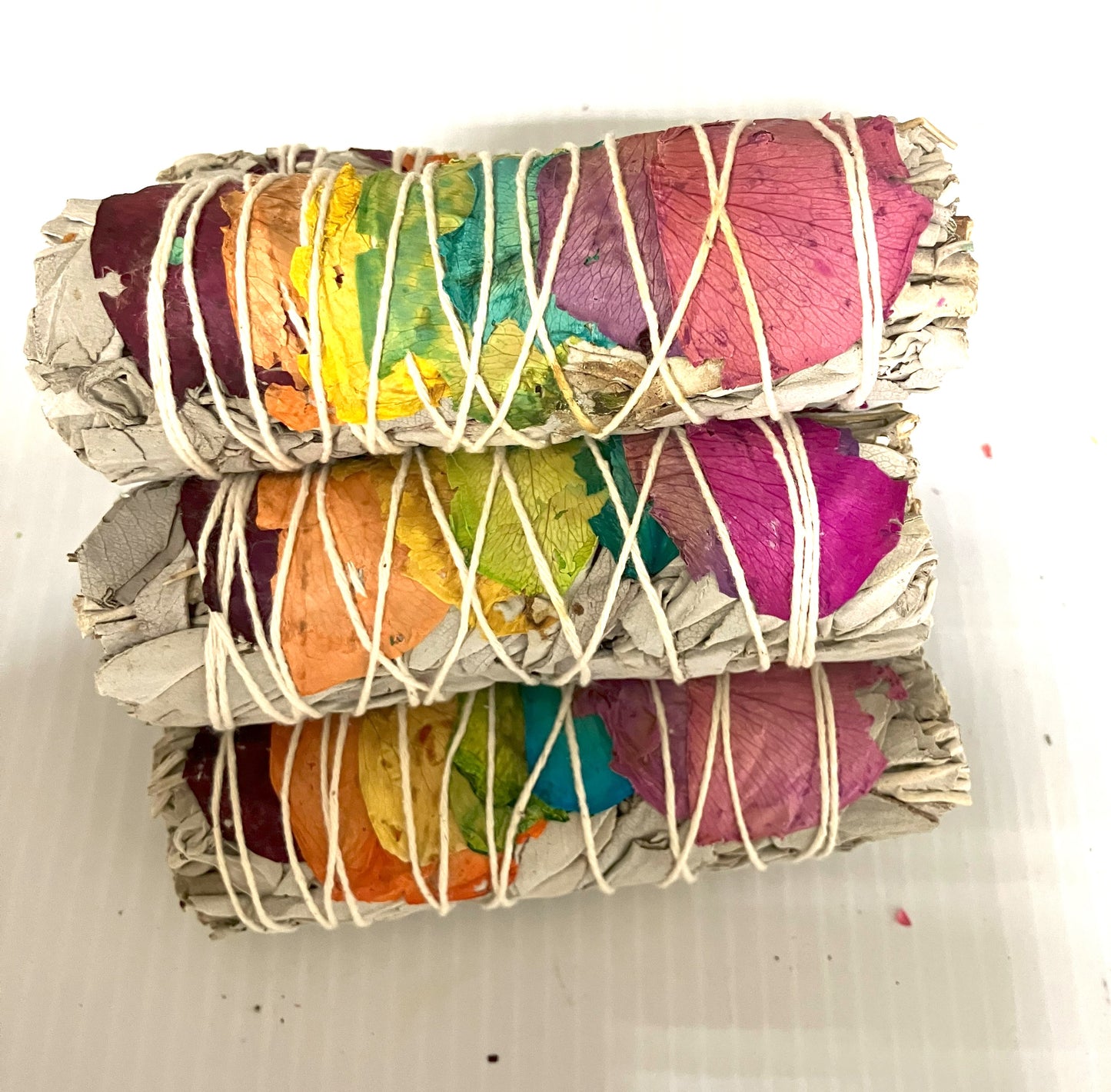 White Sage Wrapped with Colored Rose Petals