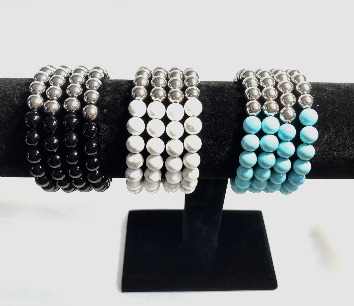 Stone Beads and Stainless Steel Stretch Beaded Bracelets