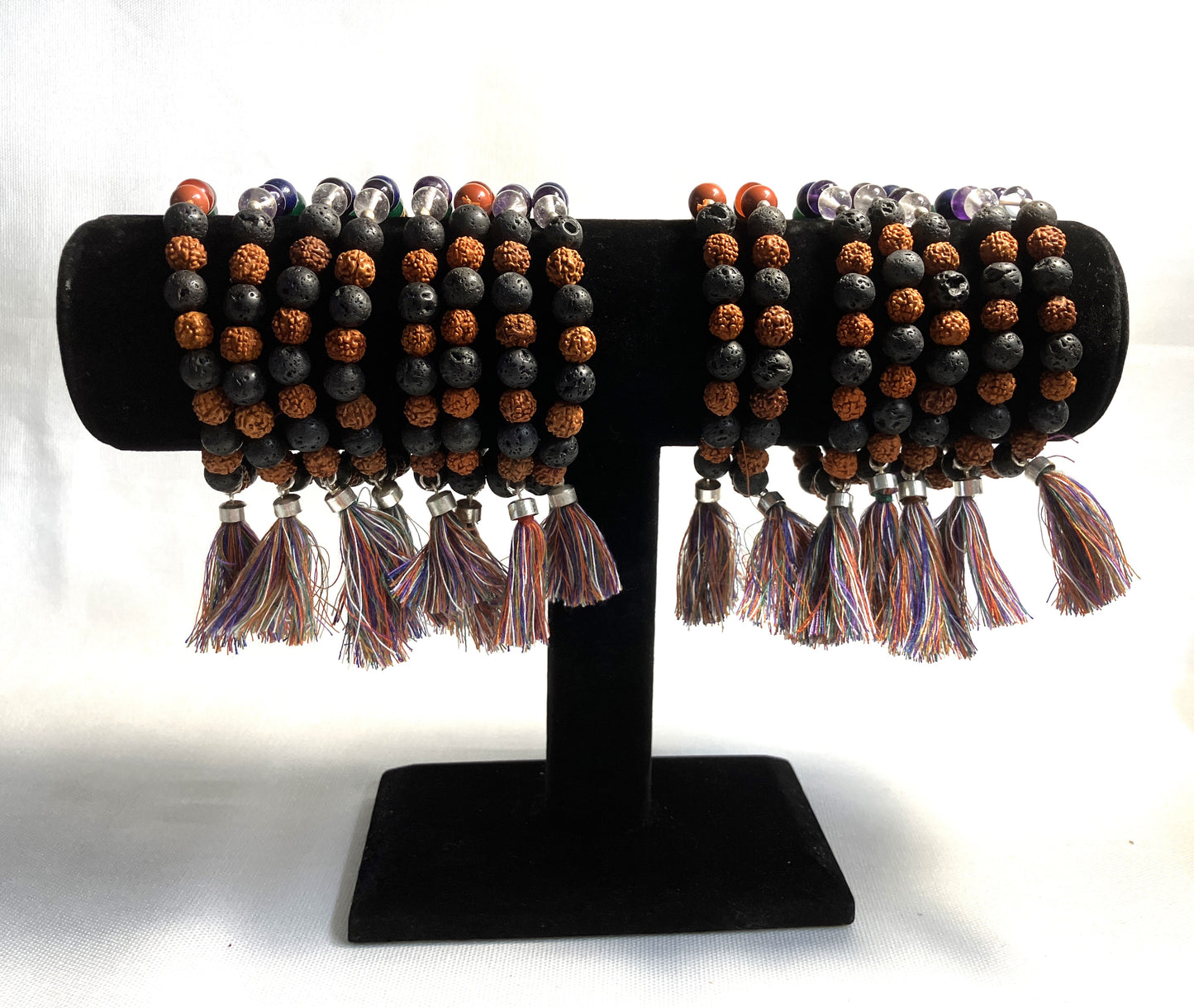 Chakra Stone Bracelet w/ Lava and Rudraksha Seeds and Tassel