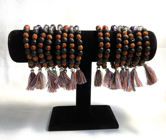 Chakra Stone Bracelet w/ Lava and Rudraksha Seeds and Tassel