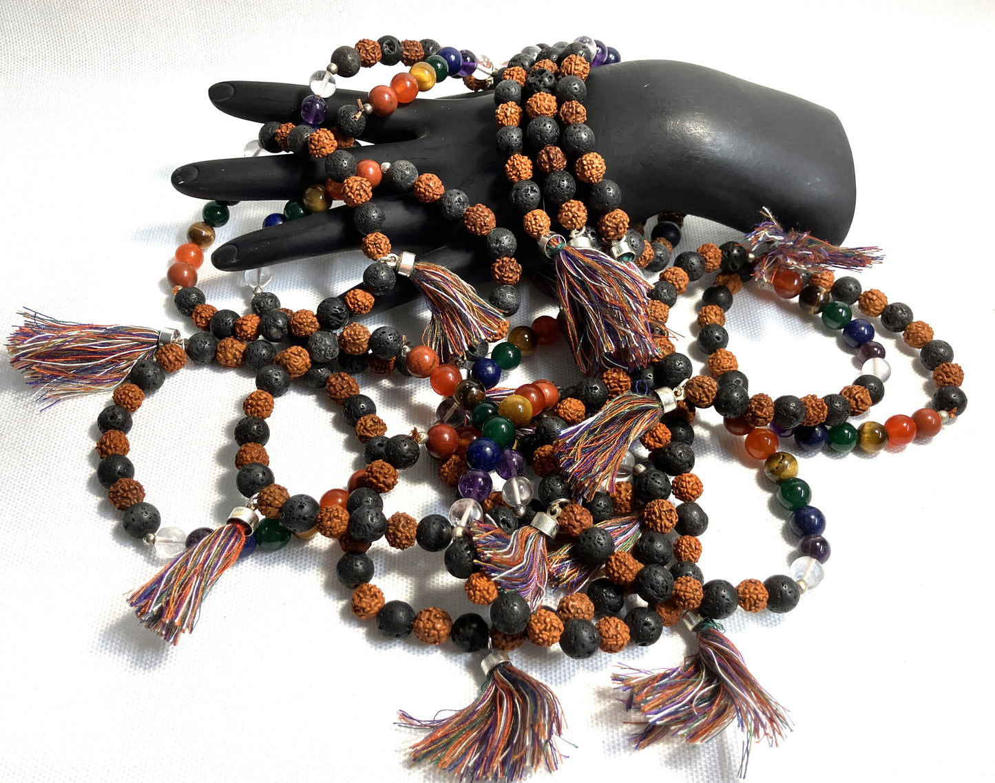 Chakra Stone Bracelet w/ Lava and Rudraksha Seeds and Tassel