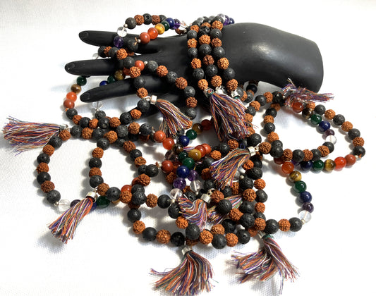 Chakra Stone Bracelet w/ Lava and Rudraksha Seeds and Tassel