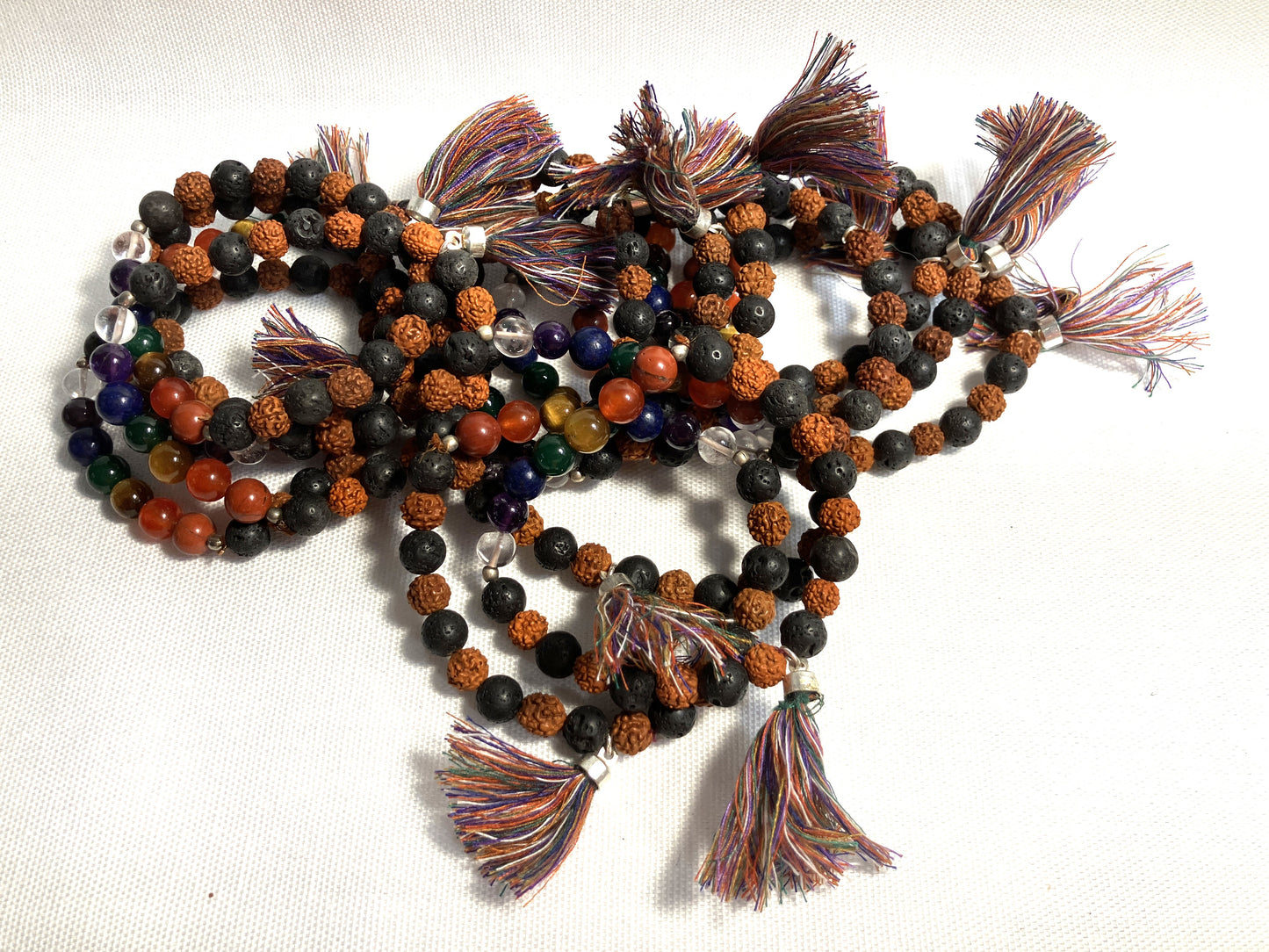 Chakra Stone Bracelet w/ Lava and Rudraksha Seeds and Tassel