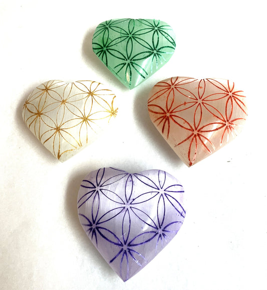 Selenite etched Colored Puffy Hearts